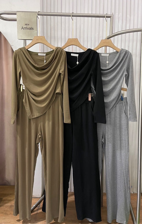 Cowl Neck Long Sleeves Tops With Trouser Sets